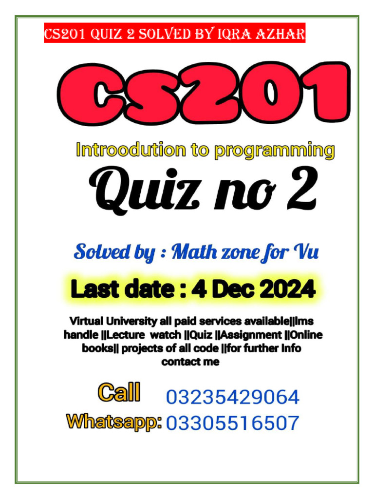 Cs201 Quiz 2 Solved by Iqra Azhar | PDF | Pointer (Computer Programming ...