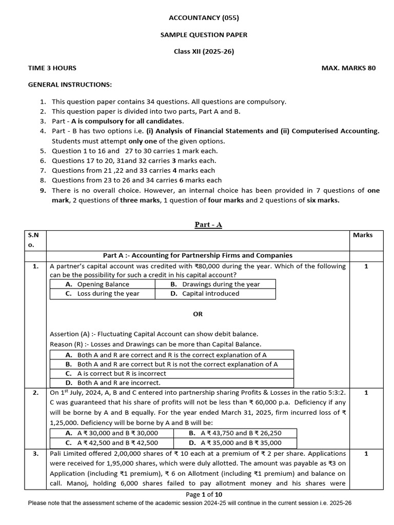 Class XII Accountancy Sample Paper 2025-26 | PDF | Dividend | Equity ...