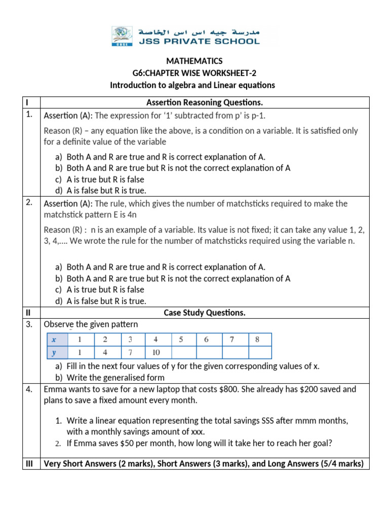G6. Chapter Wise Worksheet - 2 - (Algebra) | PDF | Equations | Algebra