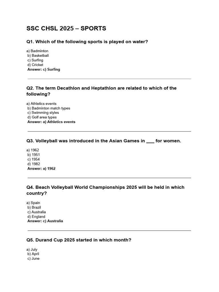 SSC CHSL 2025 Sports Quiz Questions | PDF | Taxes | Government Budget ...
