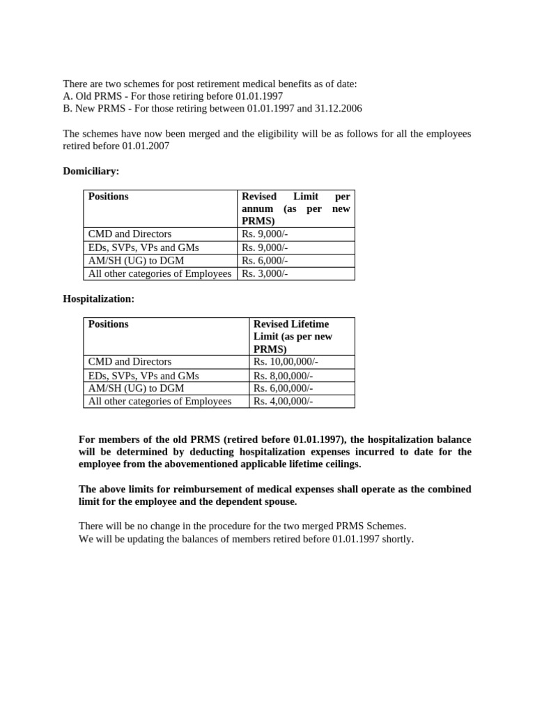 Merged PRMS Post-Retirement Benefits | PDF
