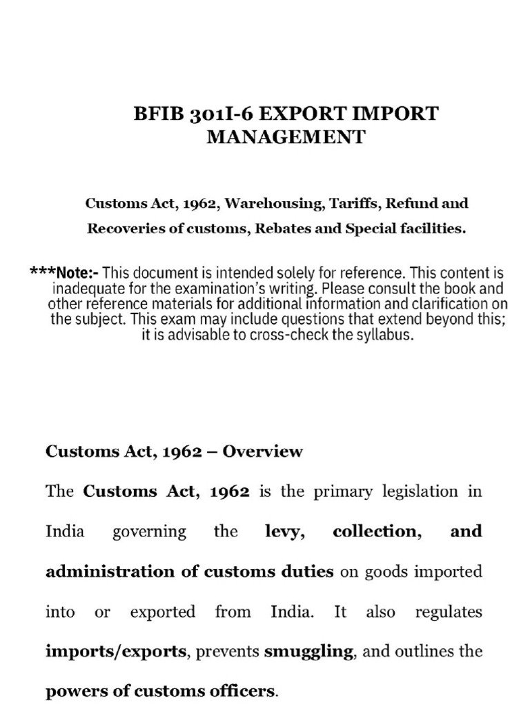 Notes LECTURE 2 - CUSTOMS ACT, Warehousing, Tariffs, Refund and ...
