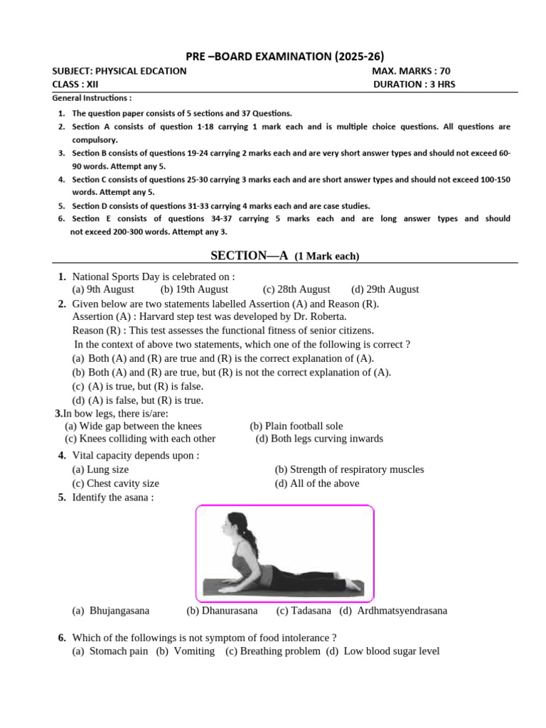 Class XII Physical Education Exam Paper | PDF | Physical Fitness ...