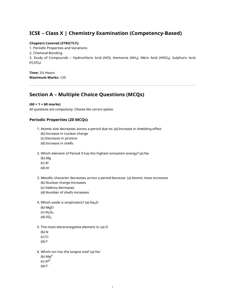 ICSE Class X Chemistry Exam Guide | PDF | Chemical Compounds | Chemical ...