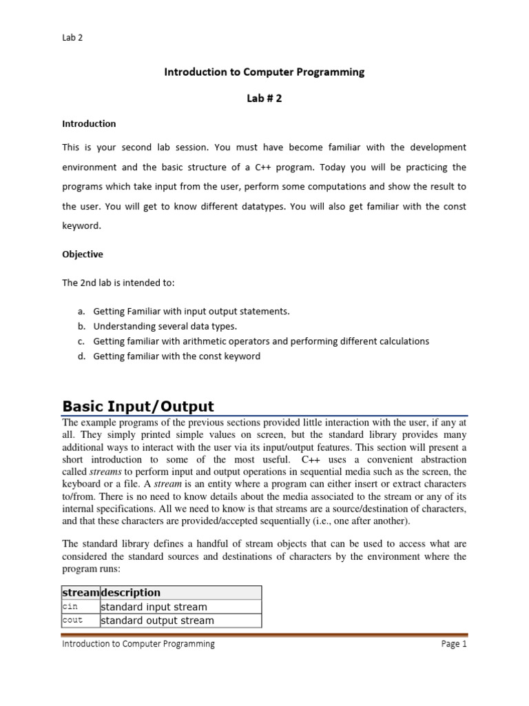C++ Programming Lab: Input/Output Basics | PDF | Data Type | Integer ...