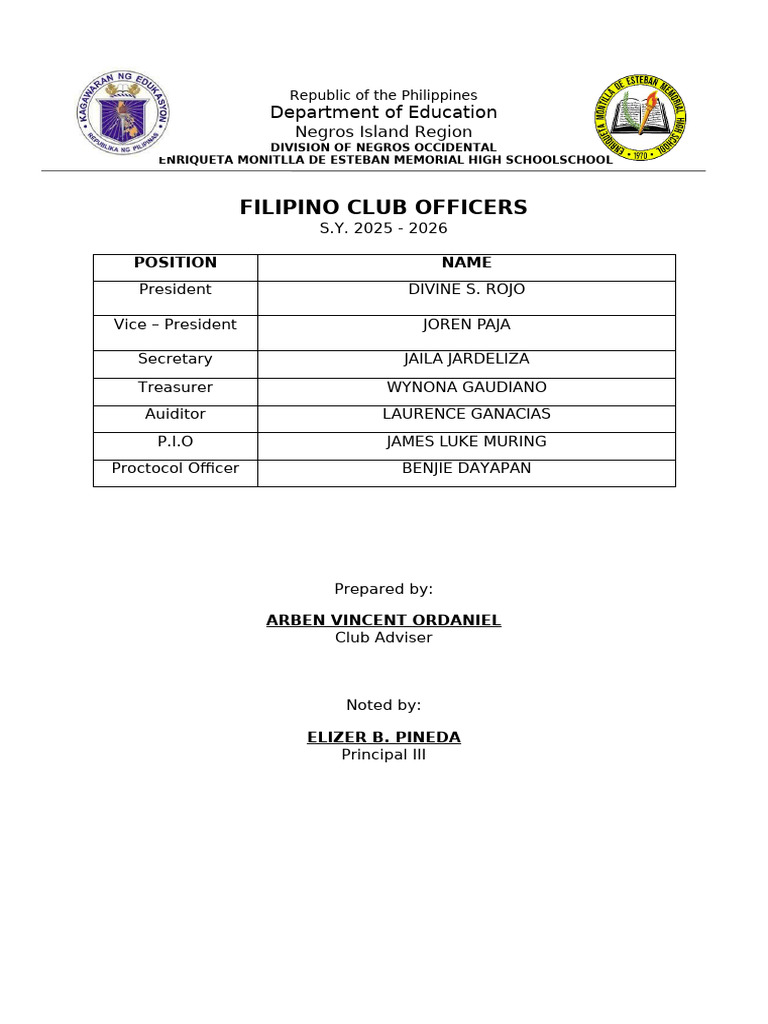 Filipino Club Officers 2025-2026 | PDF