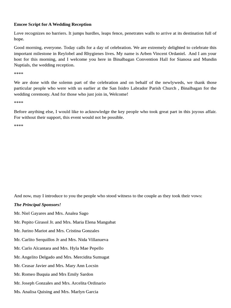 Wedding Reception Emcee Script | PDF | Wedding | Bride