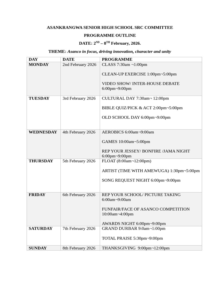 Asankrangwa SHS SRC Week 2026 Events | PDF