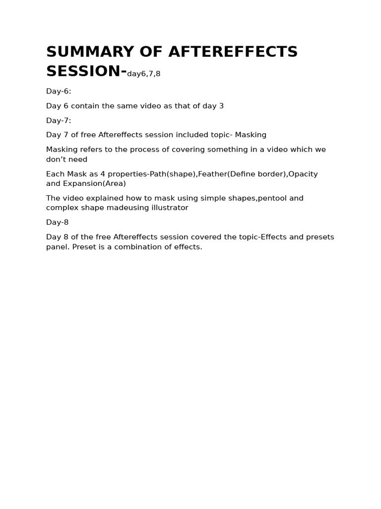 After Effects Session Summary: Days 6-8 | PDF