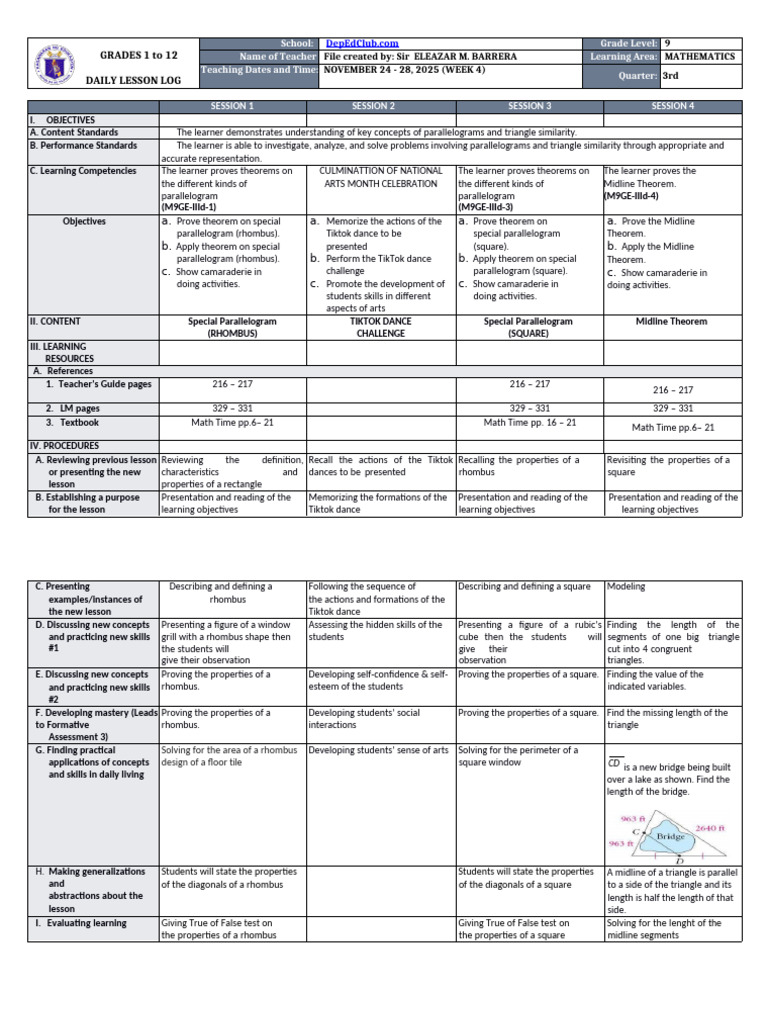 Grade 9 Math Daily Lesson Log | PDF | Learning | Shape
