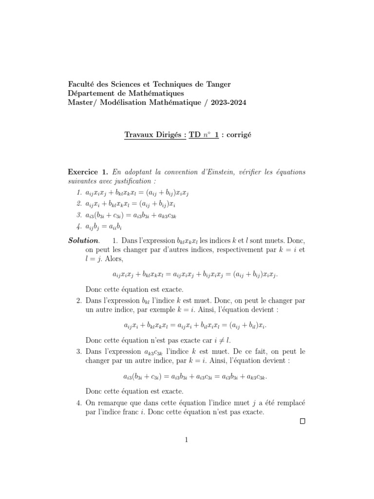 Corrigé des TD de Modélisation Mathématique | PDF | Physique théorique ...