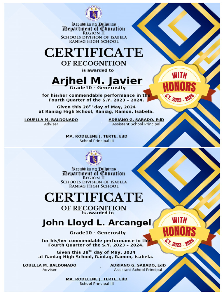 Grade 10 Generosity Awards 2024 | PDF