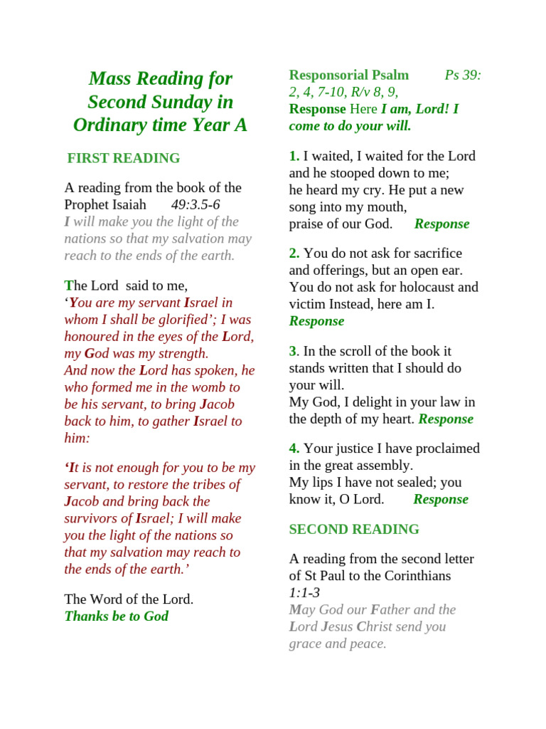 Mass Readings for Second Sunday Year A | PDF | Jesus | God In Christianity