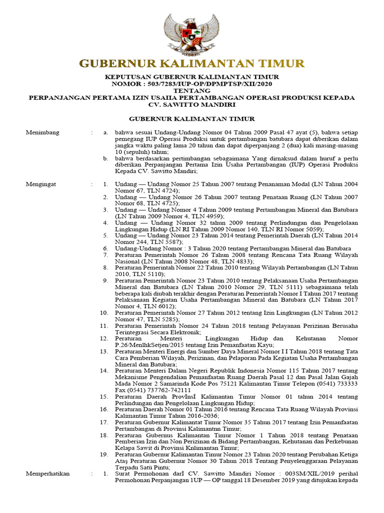 Perpanjangan IUP Pertambangan CV. Sawitto | PDF
