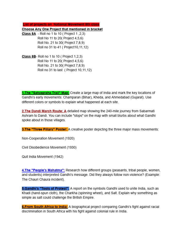 Class 8 National Movement Project Ideas | PDF | Mahatma Gandhi | Indian ...