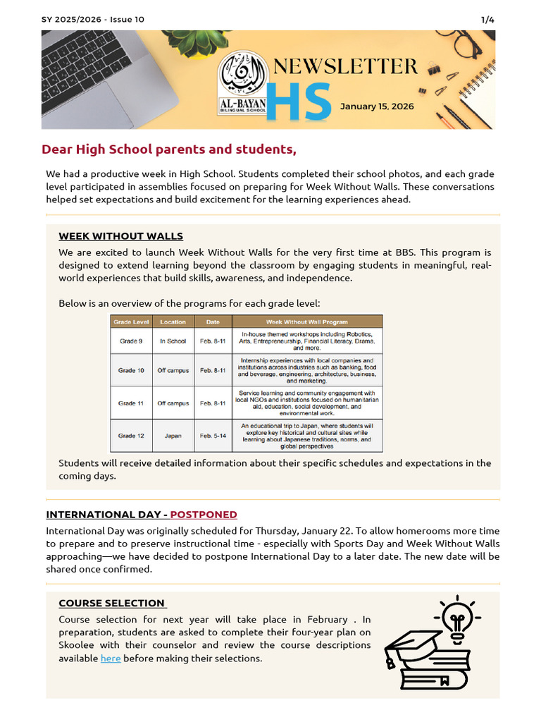 HS Newsletter, January 15, 2026 | PDF | Communication | Teachers