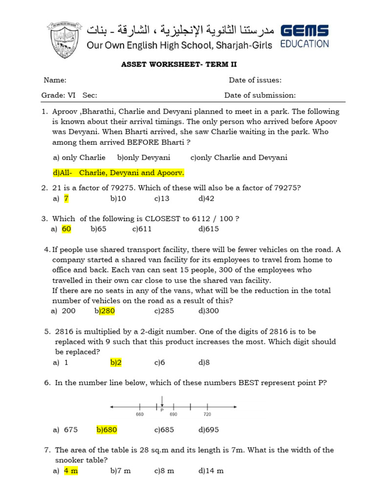 Grade VI Term II Asset Worksheet | PDF