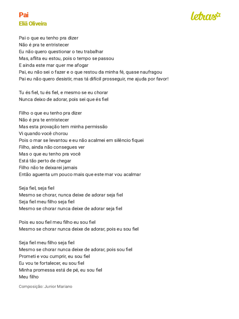 Letra da Música "Pai" de Eliã Oliveira | PDF