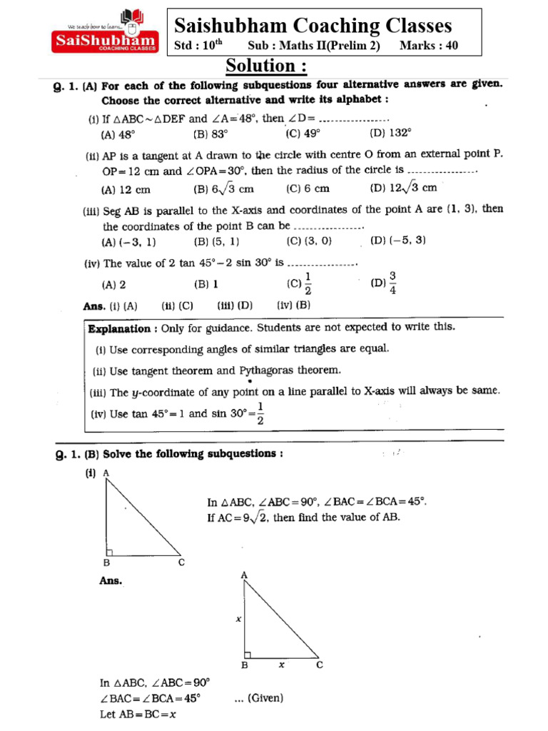 10th Maths II Prelim 2 Anssheet | PDF