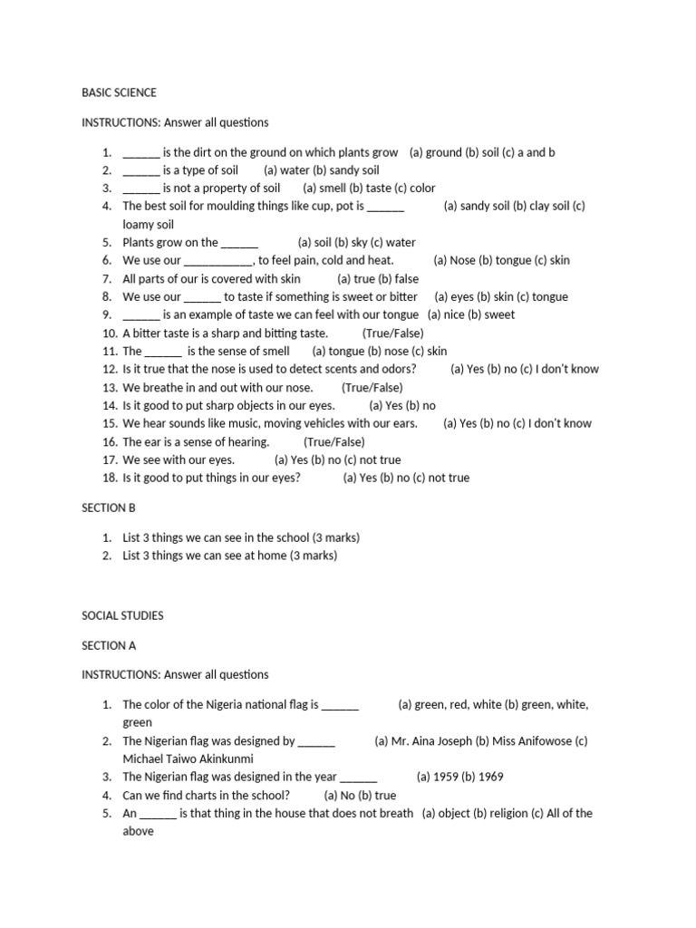 Basic Science and Social Studies Quiz | PDF | Planets | Taste