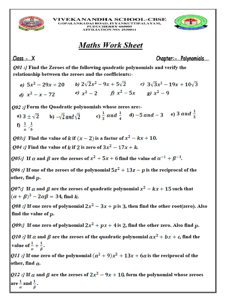 Class X Polynomials Worksheet | PDF