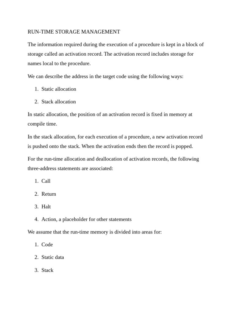Run-Time Storage Management Techniques | PDF | Software Engineering ...