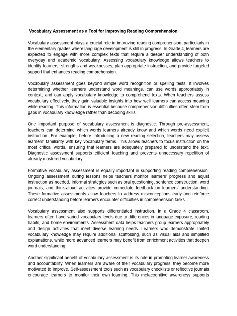 Vocabulary Assessment for Reading Success | PDF | Reading Comprehension ...