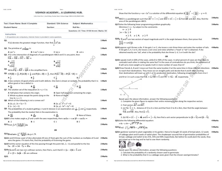 Mathematics Exam Questions for 12th Grade | PDF | Mathematics | Geometry