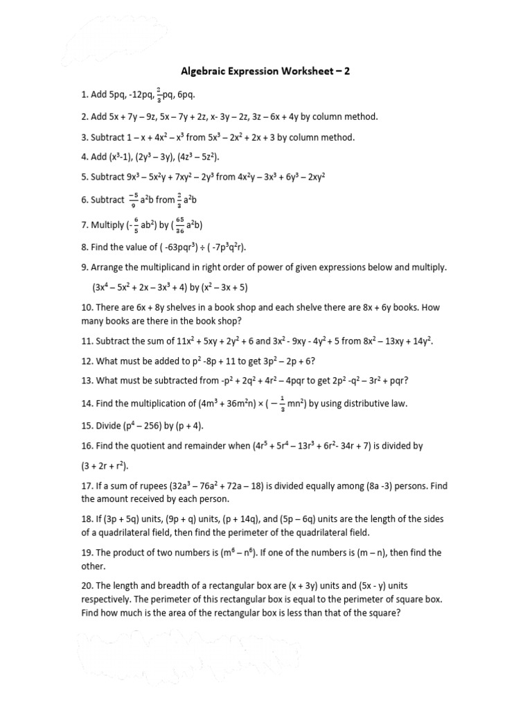 Algebraic Expressions Worksheet 2 | PDF