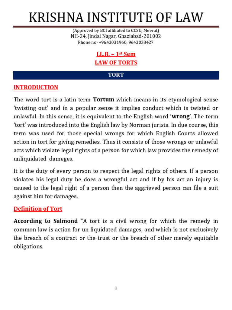 Law of Torts Overview and Essentials | PDF | Tort | Legal Liability
