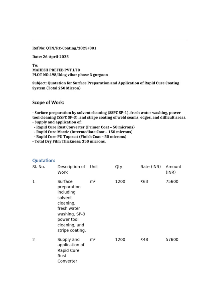 Quotation for Rapid Cure Coating System | PDF | Industrial Processes ...