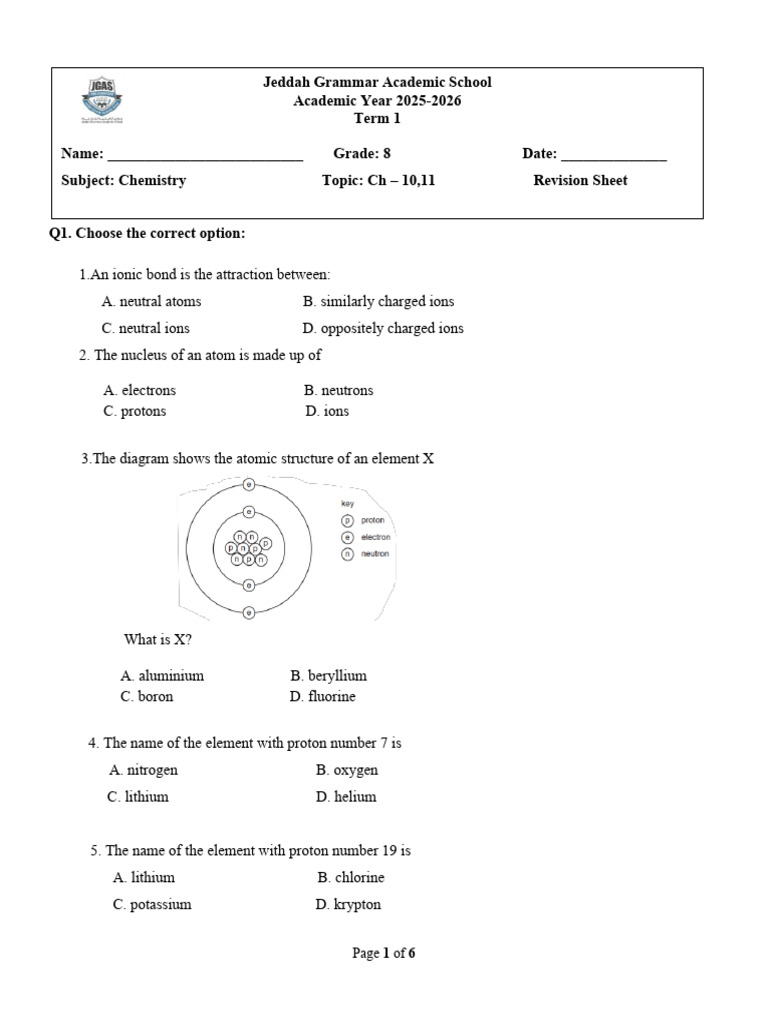 Chemistry Revision Sheet for Grade 8 | PDF | Ion | Atoms