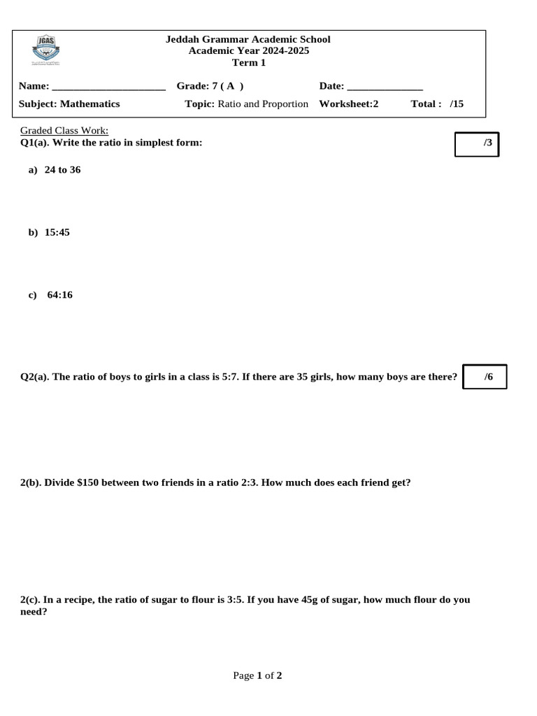 Ratio and Proportion Worksheet for Grade 7 | PDF