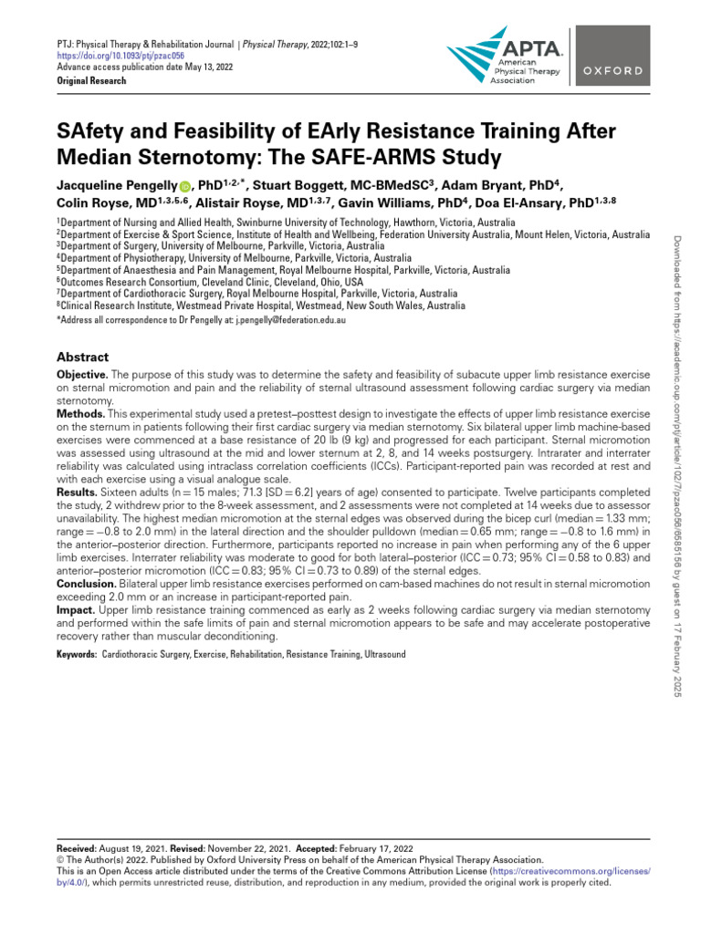 Safety and Feasibility of Early Resistance (Safe-Arms) Exercise ...