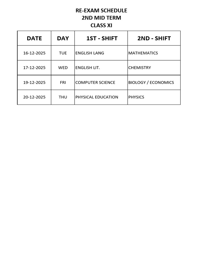 Class XI 2nd Mid Term Exam Schedule | PDF