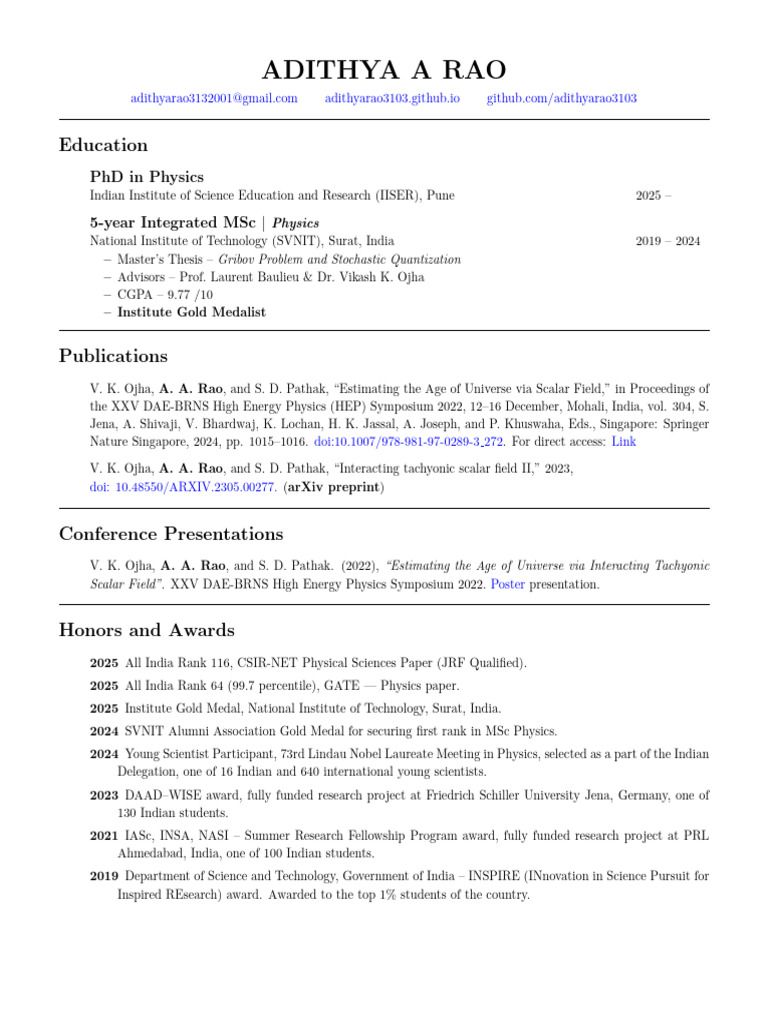 Adithya A Rao: Physics Research Profile | PDF | Matter | Gauge Theory