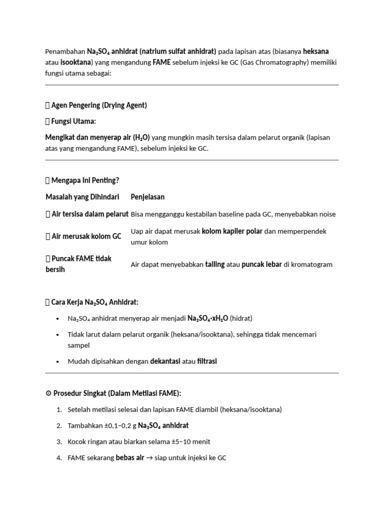 Penggunaan Na₂SO₄ Anhidrat untuk FAME GC | PDF
