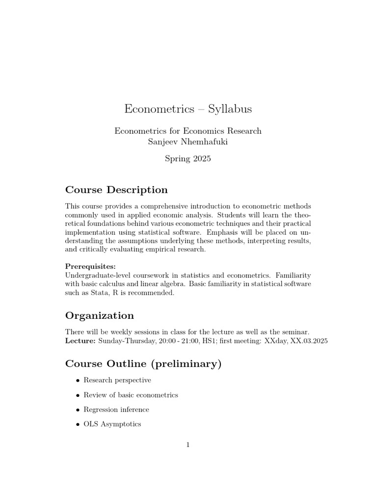 Econometrics Course Syllabus 2025 | PDF | Econometrics | Statistics