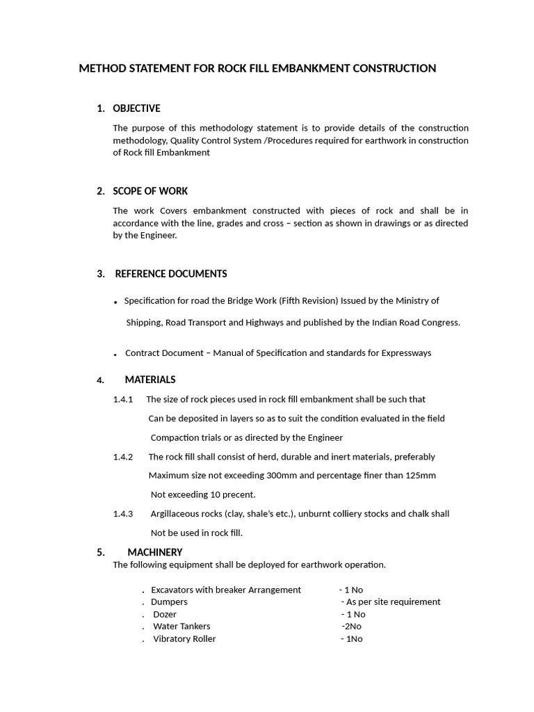 Method Statement For Rock Fill Embankment Construction: 1. Objective | PDF