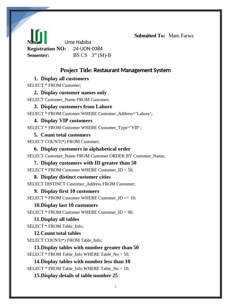 SQL Queries for Restaurant Management System | PDF | Menu | Payments