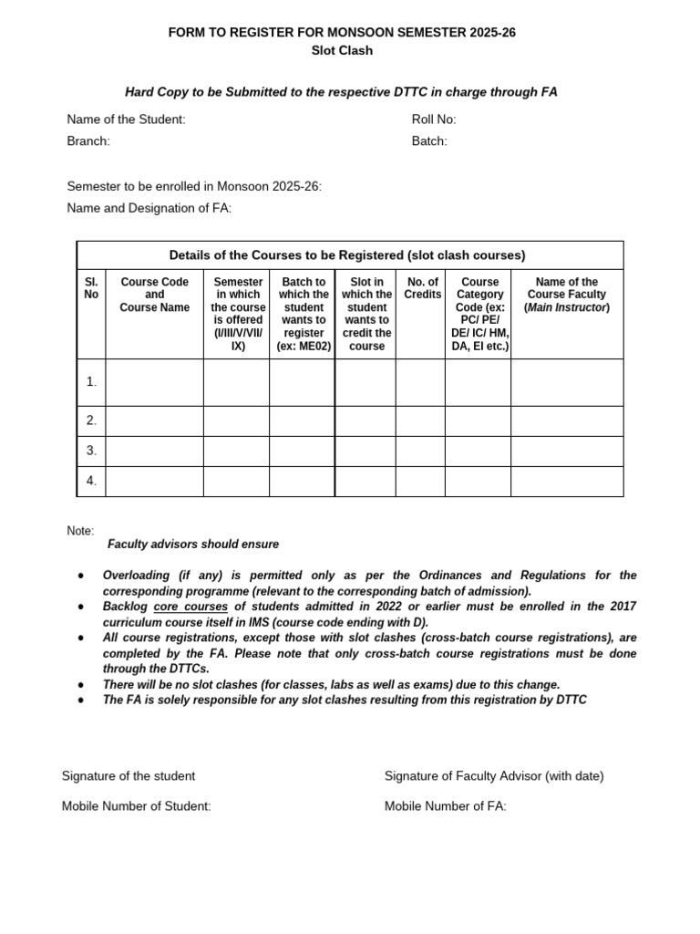 Monsoon Semester 2025-26 Registration Form | PDF