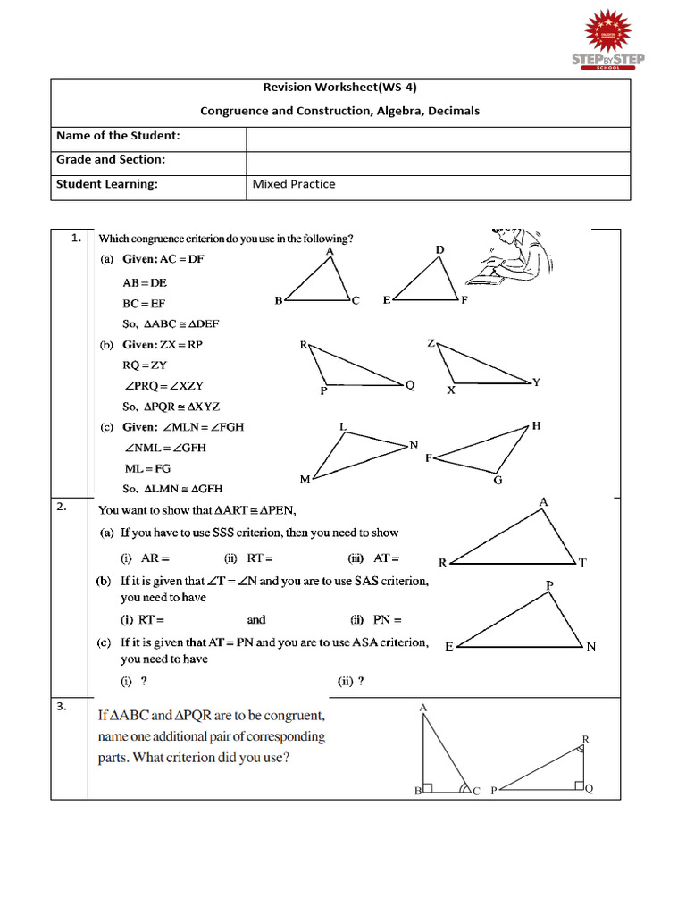 Triangle Congruence and Construction Worksheet | PDF