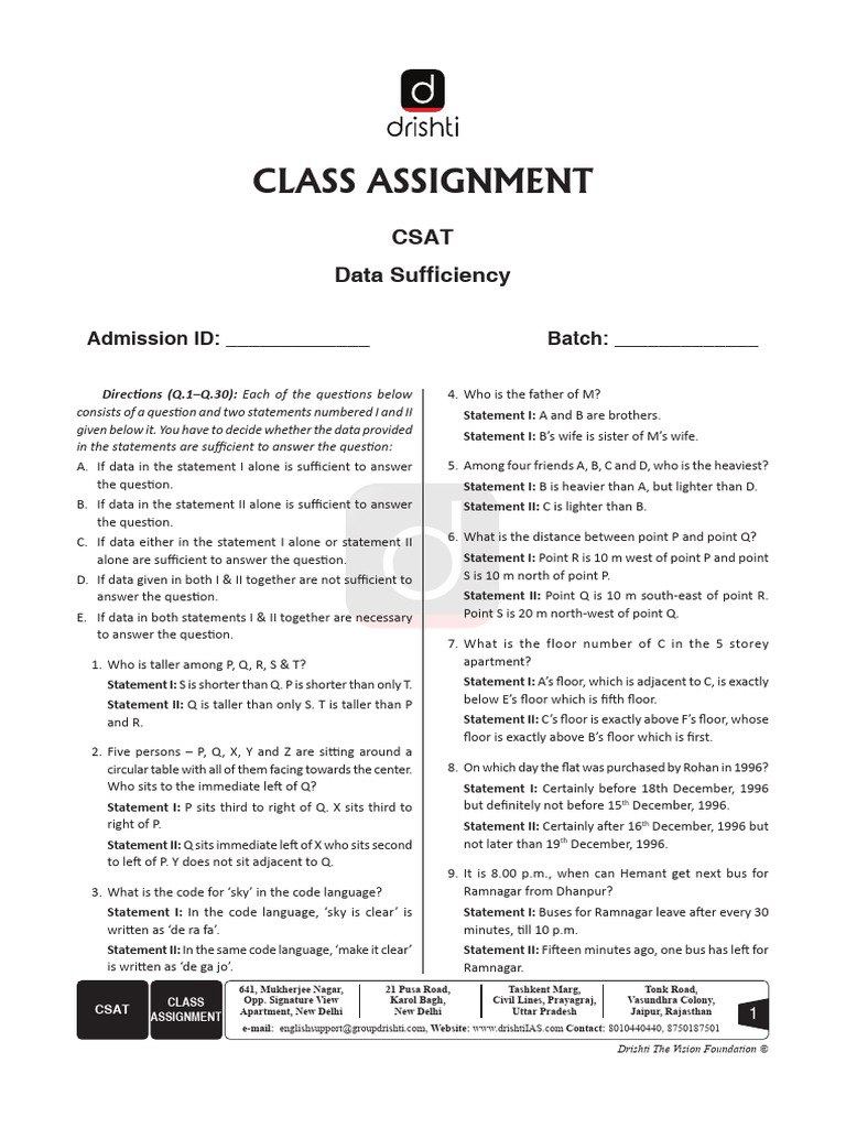 CSAT Data Sufficiency Assignment Guide | PDF
