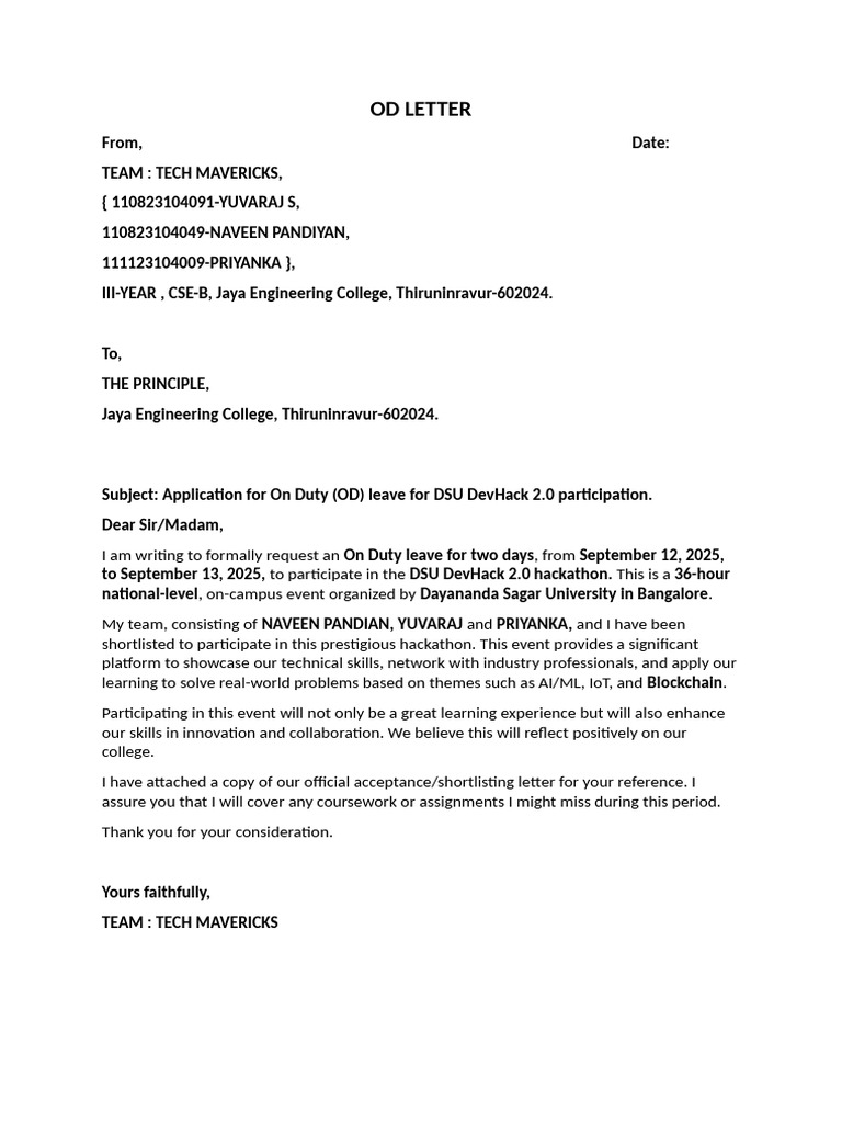 OD Leave Request for Hackathon Participation | PDF