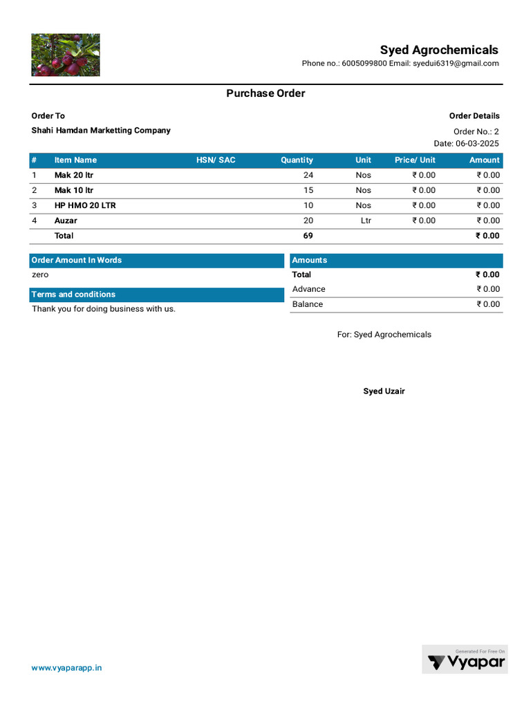 Invoice for Syed Agrochemicals Order | PDF