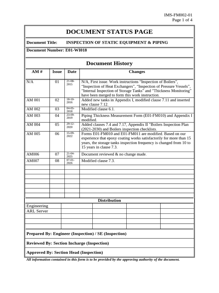 E01-WI018-07 Inspection of Static Equipment and Piping | PDF | Boiler ...