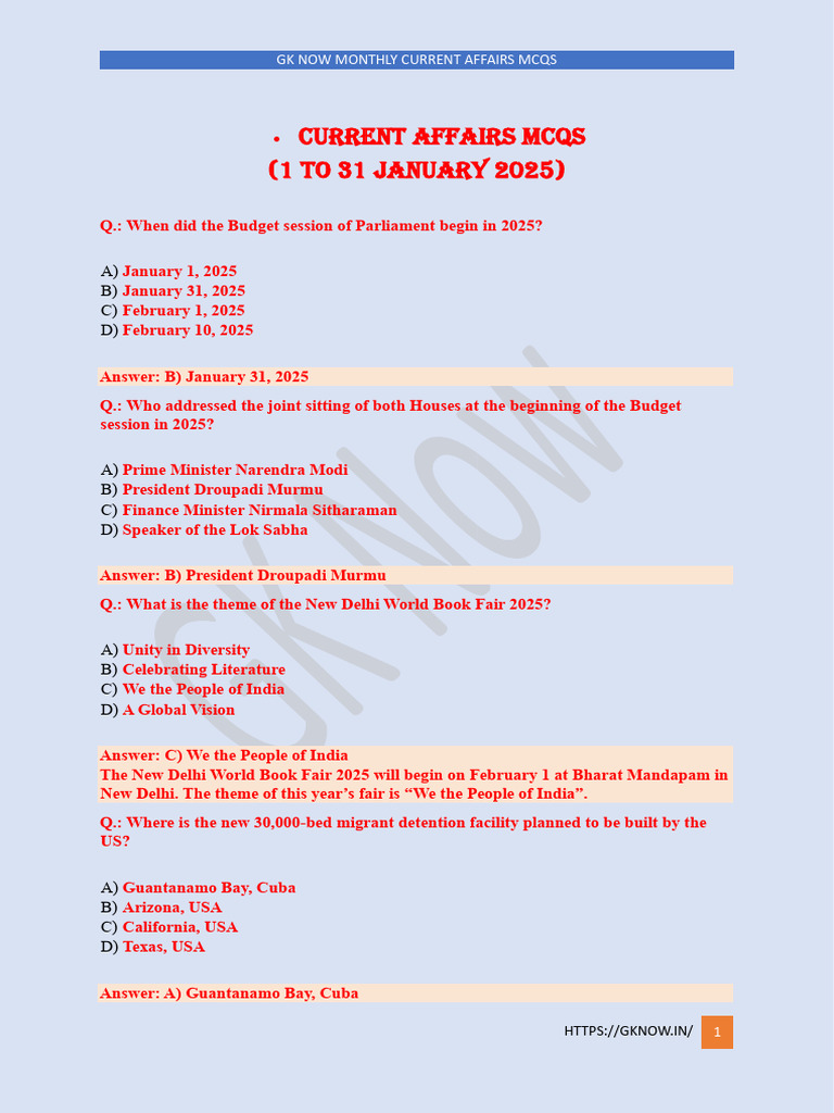 Current Affairs MCQs 1 To 31 Jauary 2025 - 251210 - 215952 | PDF ...