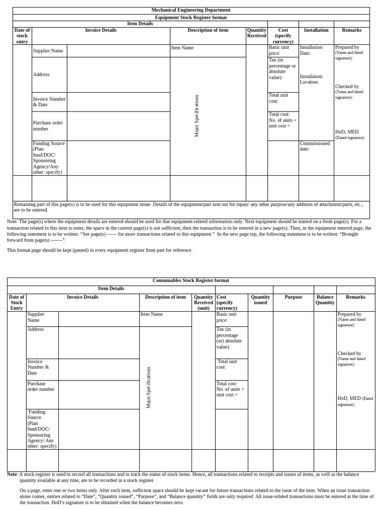 Mechanical Engineering Stock Register Template | PDF | Invoice | Stocks