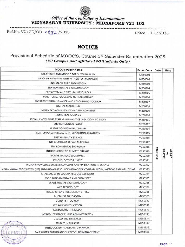 VU 3rd Semester MOOC Exam Schedule 2025 | PDF | Science | Liberal Arts ...
