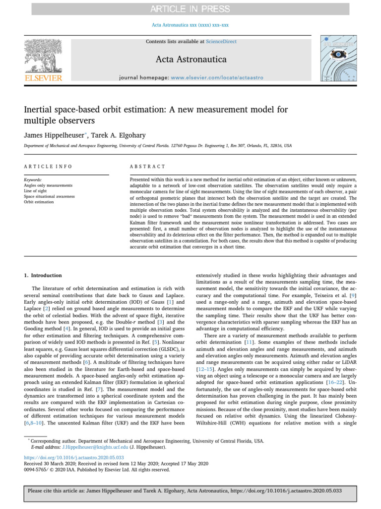 Inertial Orbit Estimation Model for Satellites | PDF | Kalman Filter